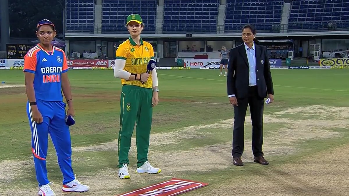 X/BCCI Women : Captains Harmanpreet Kaur and Laura Wolvaardt at the toss for the first women's T20I between India and South Africa in Chennai on Friday (July 5, 2024).